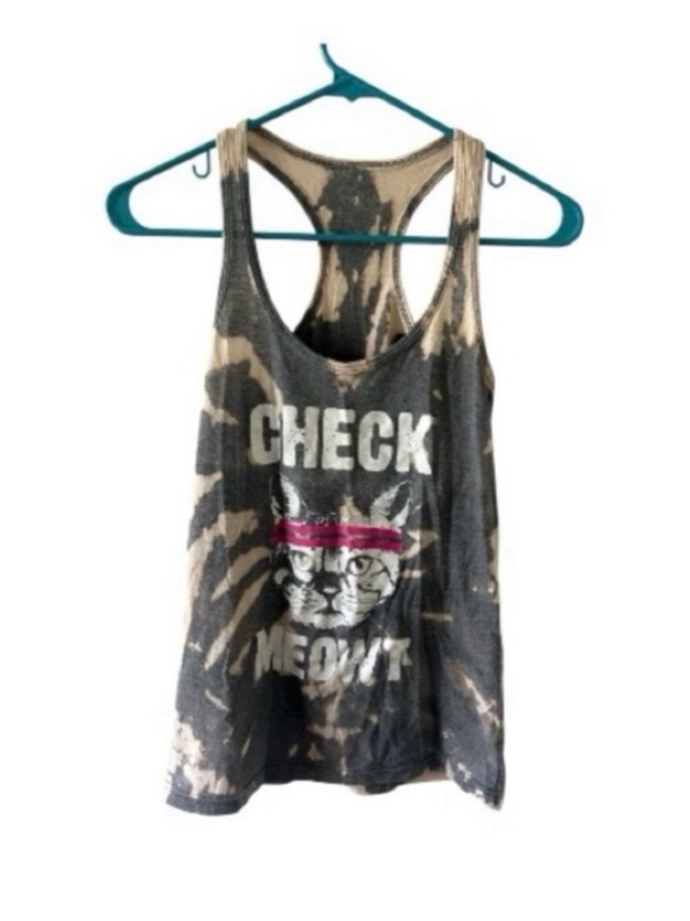 Cat Graphic Racerback Tank Bleach Dyed Funny Workout Shirt